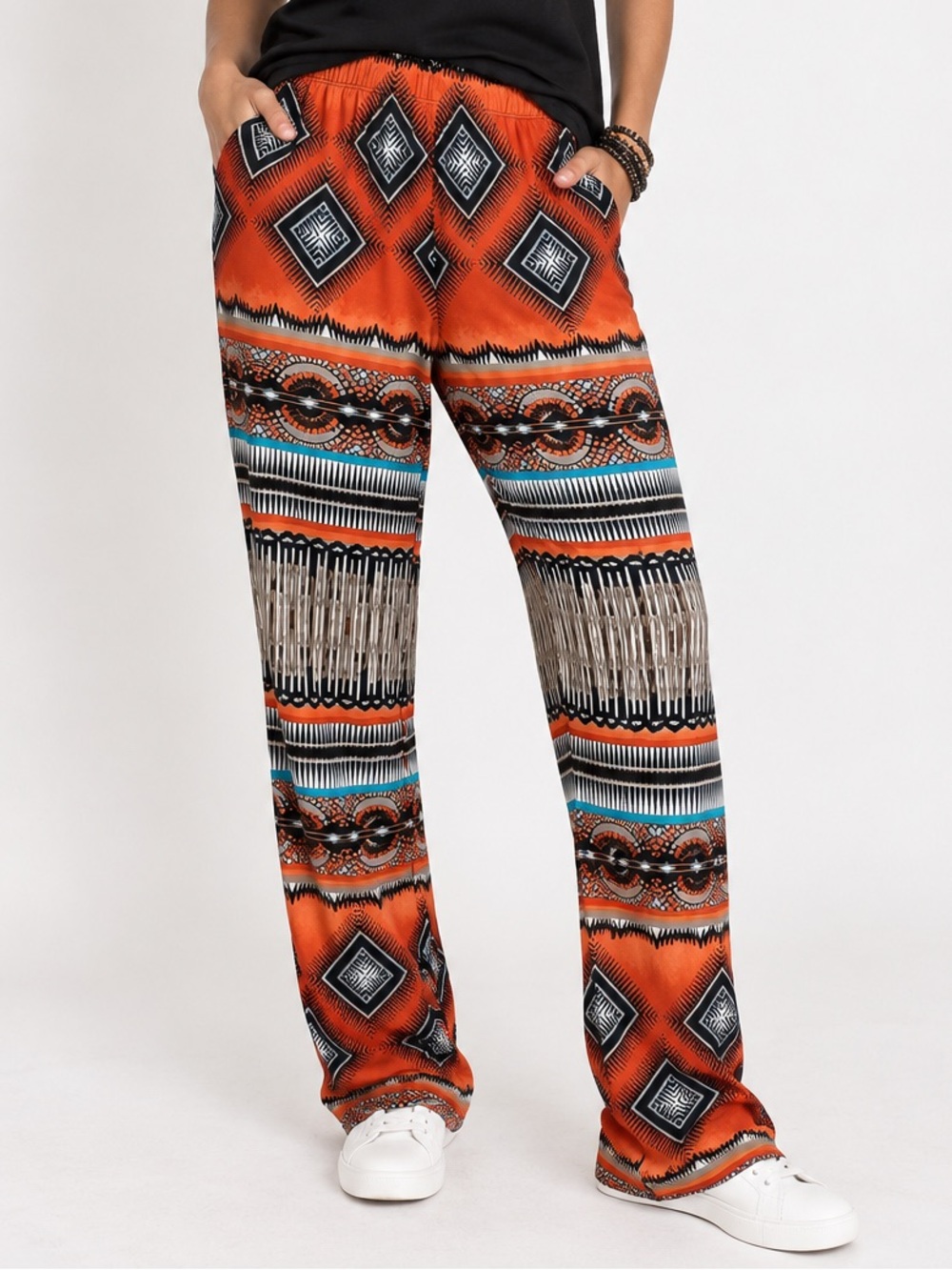 Orange Aztec Print Stretch Pants Large
